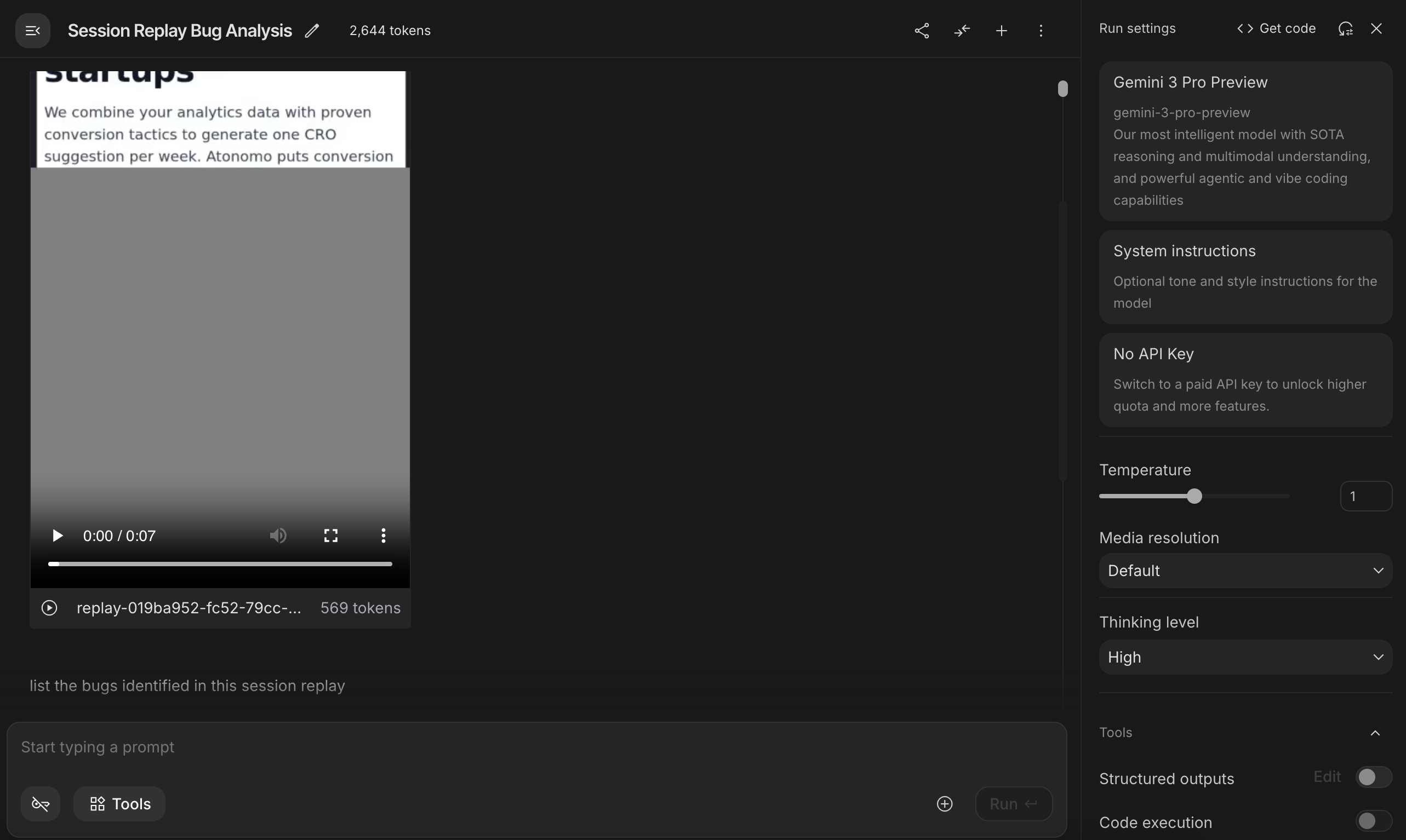Asking Gemini 3 Pro about a session recording in the AI Studio